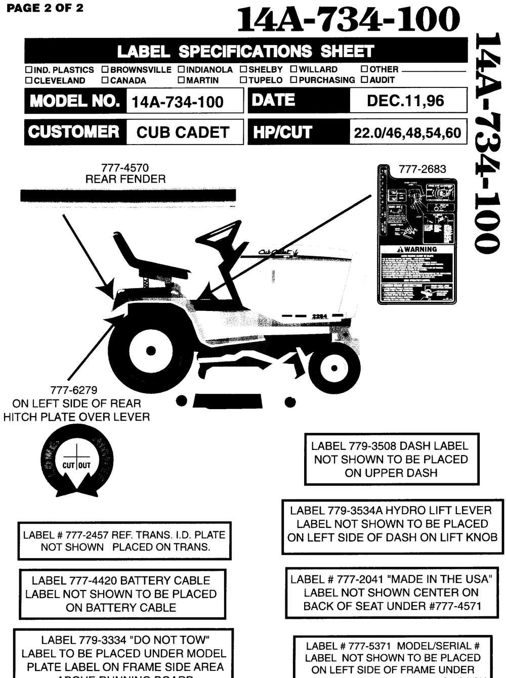 Labels Diagram and Parts List for 2284 864501-899000-145734100-146734100-14A734100 Cub Cadet Lawn Tractor
